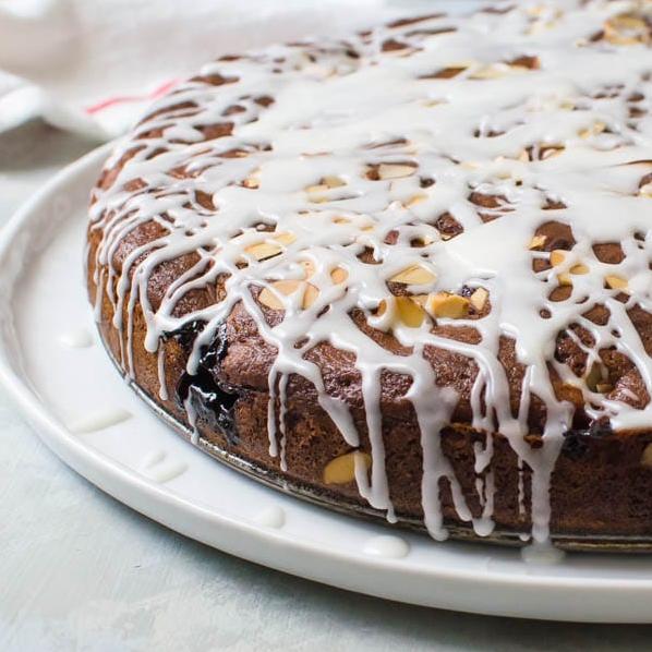  A match made in heaven: cherries and almond glaze over a fluffy coffee cake.