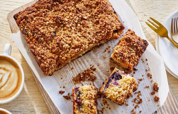  Crispy, buttery crumbly topping sets off the soft, moist cake inside