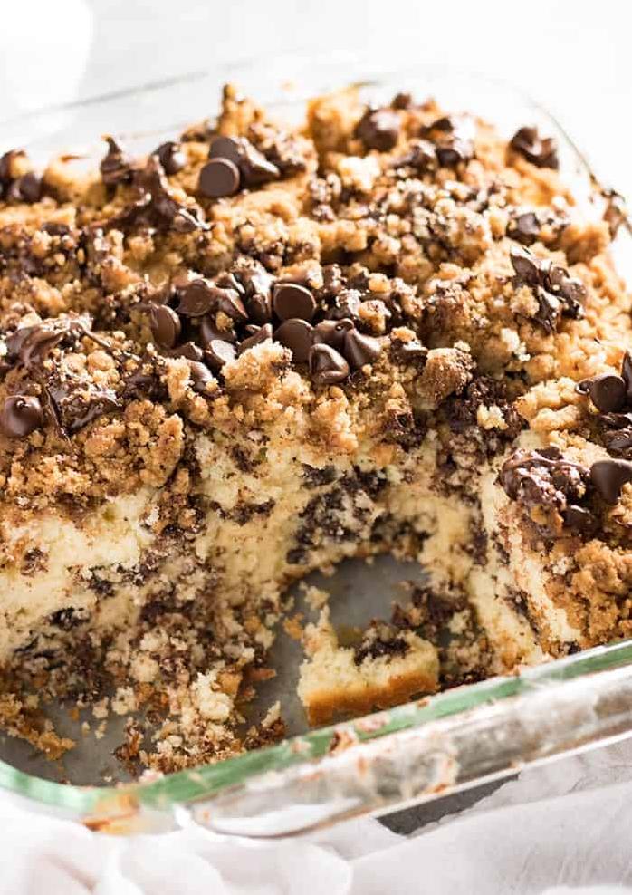 Drool-worthy chocolate chips nestled in fluffy coffee cake batter.