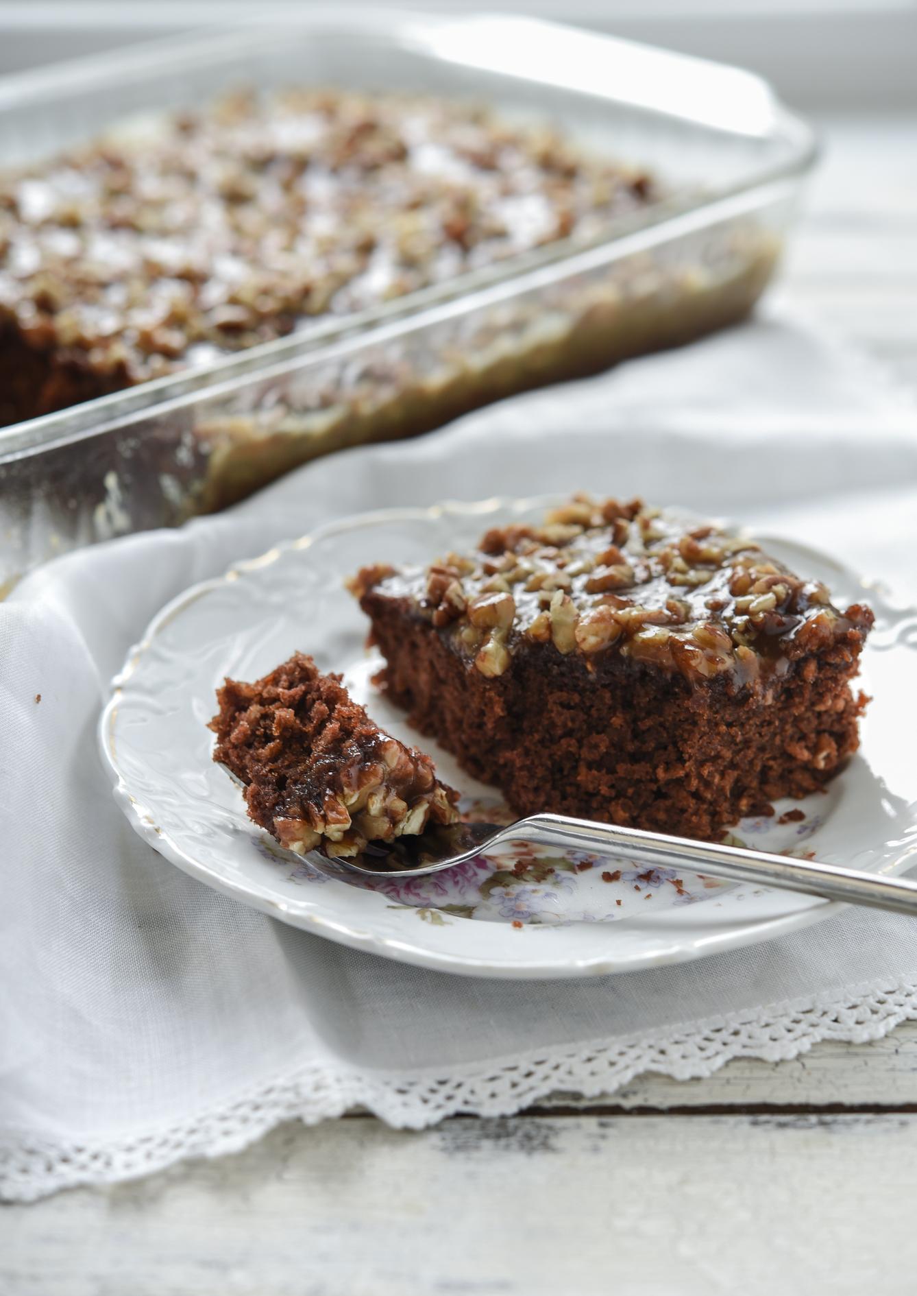  Soft and moist date oatmeal cake topped with decadent mocha frosting.
