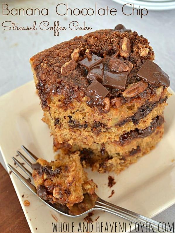  Start your day off right with a delicious slice of this banana chocolate chip coffee cake.
