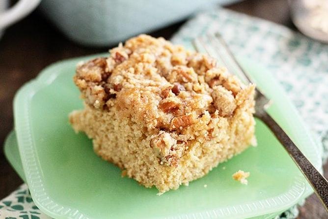  This coffee cake is the perfect treat to enjoy with a hot cup of coffee or a cold glass of milk.
